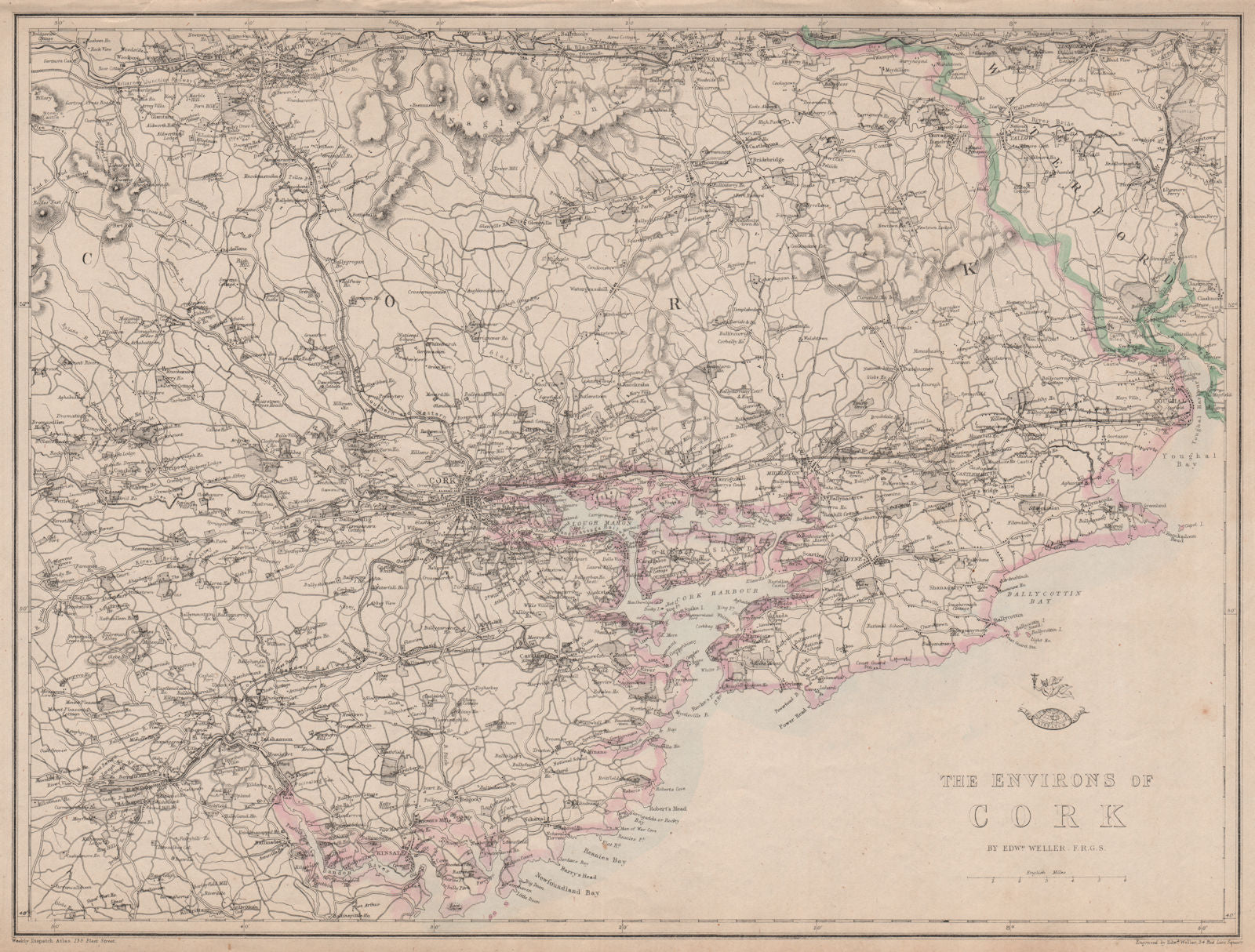 CORK ENVIRONS. Queenstown Youghal Mallow Lismore Fermoy Ireland.WELLER 1862 map
